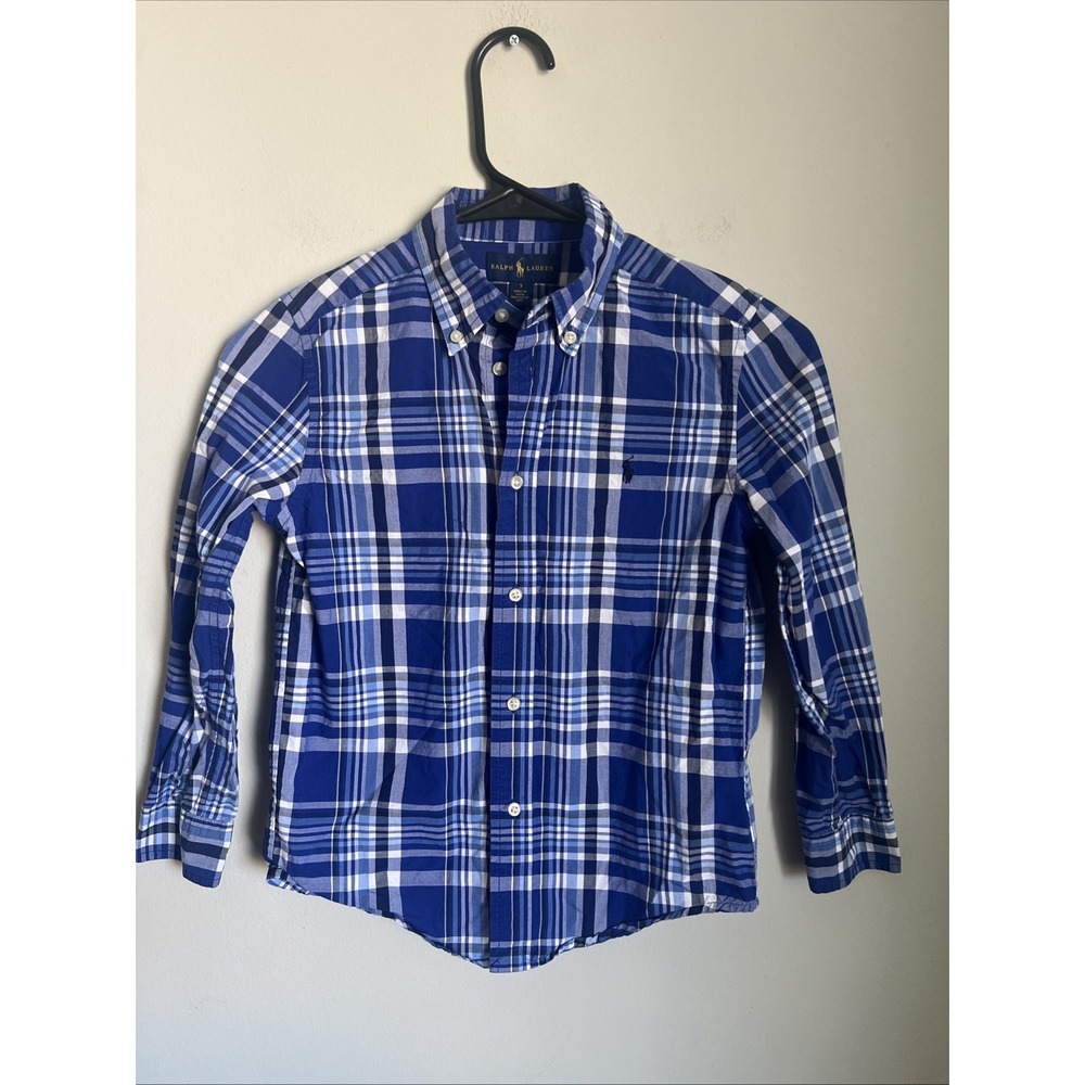 Polo Ralph Lauren Boys Size 7 Navy Plaid Long Sleeve Cotton Shirt